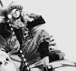  glasses hat hood hoodie jolly_roger male male_focus monochrome nodachi one_piece sheath sheathed sheathed_sword sitting solo stuffed_animal stuffed_bear stuffed_toy sword takuhe_0410 teddy_bear trafalgar_law weapon 