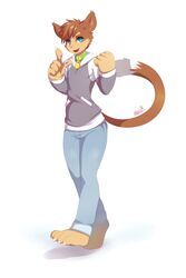  anthro blue_eyes brown_hair claws clothing collar domestic_cat felid feline felis hair hi_res joshcat looking_at_viewer male mammal nedoiko simple_background smile solo white_background 