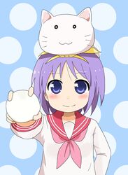  animal animal_on_head ball blue_eyes cat_on_head commentary_request company_connection feline female food hairband hiiragi_tsukasa kimineri kyoto_animation lucky_star mochi neckerchief nyamou on_head parody pink_neckerchief purple_hair ryouou_school_uniform school_uniform serafuku short_hair tamako_market wagashi yellow_hairband 