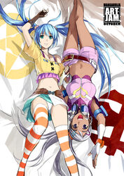  2girls :d aqua_eyes arm_up bakugan bakugan_battle_brawlers belt blue_hair commentary dark-skinned_female dark_skin english_commentary english_text fingerless_gloves flat_chest gloves grey_hair hair_ornament hairclip hairpin headphones headphones_around_neck holding_hands julie_heyward kriss_sison loose_belt lying md5_mismatch midriff misaki_runo multiple_girls navel on_back open_mouth panties parted_lips photoshop_(medium) purple_eyes shorts skirt smile striped_clothes striped_thighhighs thighhighs twintails underwear upside-down white_panties 