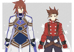  2boys belt black_pants bodysuit brown_hair buckle clenched_hand commentary_request cowboy_shot gloves grey_background kratos_aurion kratos_aurion_(judgment) lloyd_irving male_focus multiple_boys official_alternate_costume pants photoshop_(medium) red_gloves red_shirt shirt spiked_hair star_(symbol) striped striped_background suspenders tales_of_(series) tales_of_symphonia tktg 