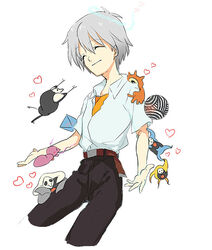  1boy angel_(evangelion) armisael_(evangelion) blush closed_eyes commentary_request cropped_legs heart israfel_(evangelion) leliel_(evangelion) mitaka_(tmtksm) nagisa_kaworu neon_genesis_evangelion ramiel_(evangelion) sachiel_(evangelion) sahaquiel_(evangelion) school_uniform shamshel_(evangelion) smile white_hair zeruel_(evangelion) 