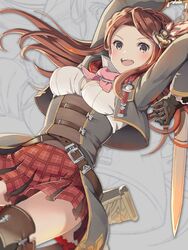  :d arms_up ascot belt black_gloves boots braid breasts brown_hair carren_(granblue_fantasy) cleavage commentary_request cropped_jacket female gloves granblue_fantasy grey_eyes hair_ornament highres holding holding_sword holding_weapon large_breasts long_hair looking_at_viewer miniskirt open_mouth plaid plaid_skirt red_skirt sheath shirt skirt smile solo sword teeth thigh_boots thighhighs underbust unsheathed upskirt weapon white_shirt yoshino_ryou 