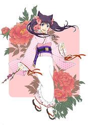  animal_ears asa_no_ha_(pattern) bad_id bad_pixiv_id black_hair bow branch female flower fox_ears hair_ribbon hairbow ibodi33 japanese_clothes kimono long_hair obi open_mouth otome_youkai_zakuro pink_bow purple_eyes ribbon sandals sash solo standing twintails zakuro_(otome_youkai_zakuro) 