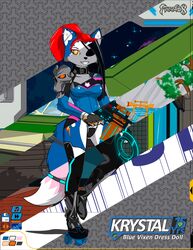  2k_games anthro blue_body blue_fur borderlands canid canine clothing costume cutie_mark english_text evil_eyes eye_patch eyewear female fox freefox fur gloves handwear hasbro hi_res krystal_(star_fox) makeup mammal my_little_pony nintendo piercing smile solo standing star_fox text tron 