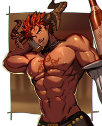  1boy abs arm_up bara black_bow black_bowtie bottle bow bowtie chest_tattoo commentary_request curled_horns dark-skinned_male dark_skin demon_boy demon_horns detached_collar highres horns ifrit_(housamo) large_pectorals looking_at_viewer lvlv male_focus muscular muscular_male nipples pectorals photoshop_(medium) pointy_ears red_eyes red_hair solo tattoo tokyo_afterschool_summoners topless_male tray wine_bottle 