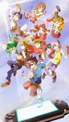  3girls 5boys bad_id bad_pixiv_id blonde_hair blue_eyes blue_hair brown_eyes brown_hair cloud cowboy_hat day digimon digimon_(creature) digimon_adventure dress everyone falling glasses gloves goggles handheld_game_console hat highres ishida_yamato izumi_koshiro kido_jo koromon lemon_(wzcrybmi) long_dress long_hair mochimon monster multiple_boys multiple_girls nyaromon orange_hair playstation_portable pukamon pyocomon red_hair short_hair sky smile tachikawa_mimi takaishi_takeru takenouchi_sora tanemon togemon tokomon tunomon yagami_hikari yagami_taichi 