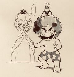  ... 1boy afro alternate_costume cappy_(mario) commentary_request dress facial_hair female gameplay_mechanics greyscale hat highres long_dress male_swimwear mario mario_(series) monochrome moustache nemurism nipples official_alternate_costume party_hat princess_peach princess_peach_(wedding) spoken_ellipsis squinting super_mario_odyssey swim_trunks tiara tiara_(mario) traditional_media wedding_dress wig 