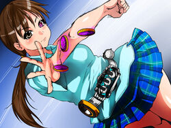  bad_id bad_pixiv_id brown_eyes brown_hair commentary_request core_medal crossover female henshin henshin_pose heterochromia idolmaster idolmaster_cinderella_girls isna_(footprintsofisna) kamen_rider kamen_rider_ooo long_hair nitta_minami parody ponytail pose purple_eyes putotyra_(ooo_combo) rider_belt 