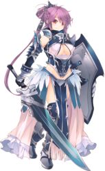  aquaplus armor armored_boots blush boots breasts cleavage cleavage_cutout clothing_cutout dungeon_travelers_2 female full_body gauntlets hair_ornament highres holding holding_weapon houzouji_yae kokonoka looking_at_viewer medium_breasts pelvic_curtain purple_hair red_eyes shield smile solo standing sword thighhighs transparent_background weapon 