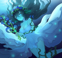  afloat animal_ears bare_shoulders blue_eyes blue_theme breasts chinese_commentary cleavage commentary commission dress dusttodusk female floating_hair flow_kelp green_hair hair_between_eyes head_wreath highres holding legs_together light_particles long_hair looking_at_viewer medium_breasts monster_girl monster_girl_encyclopedia outdoors parted_lips photoshop_(medium) seaweed solo submerged underwater wedding_dress 