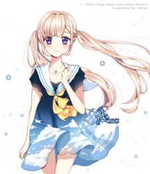  amick_(americanomix) artist_name bad_id bad_pixiv_id blonde_hair blue_sky blush cloud dress female hair_ornament hairclip heart heart_necklace jewelry koi_to_uso long_hair looking_at_viewer necklace purple_eyes sad sailor_collar sanada_ririna short_dress short_sleeves sidelocks sky sky_print solo twintails very_long_hair watermark web_address white_sailor_collar wind 