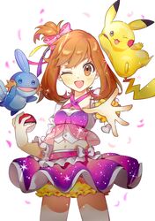  :d absurdres alternate_costume alternate_hairstyle bad_id bad_pixiv_id blush bow brown_eyes brown_hair commentary detached_sleeves dot_nose dress female frills hair_between_eyes hairbow highres holding holding_poke_ball looking_at_viewer may_(pokemon) mudkip navel one_eye_closed open_mouth pikachu pink_bow platinum_(o0baijin0o) poke_ball poke_ball_(basic) pokemon pokemon_(creature) pokemon_oras scrunchie short_hair shorts skirt smile wrist_scrunchie yellow_scrunchie yellow_shorts 