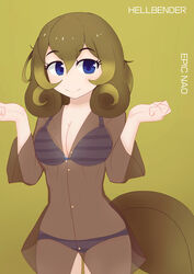  absurdres artist_name bikini blonde_hair blue_eyes breasts brown_hair character_name cleavage commentary_request covered_navel curly_hair epic_nao female green_background hellbender hellbender_(kemono_friends) highres kemono_friends large_breasts long_hair multicolored_hair simple_background solo swimsuit tail two-tone_hair upper_body w_arms wrists_extended 