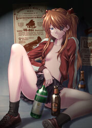  absurdres alcohol arm_support beer blue_eyes bottle breasts commentary_request convenient_censoring evangelion:_3.0_you_can_(not)_redo eyepatch female german_text guinness_(beer) highres kurotengu long_hair long_legs neon_genesis_evangelion open_clothes open_shirt orange_hair photoshop_(medium) rebuild_of_evangelion royal_ease shirt sitting skirt small_breasts smile solo souryuu_asuka_langley spread_legs 