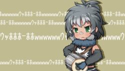  bad_id bad_nicoseiga_id bandaid bandaid_on_face bandaid_on_nose cuica drum elbow_gloves female fur_collar fur_gloves gloves gorilla_(kemono_friends)_(old_design) green_eyes grey_hair high_ponytail holding holding_instrument instrument japari_symbol kemono_friends shirt short_hair sleeveless sleeveless_shirt solo text_background vostok_(vostok061) western_lowland_gorilla_(kemono_friends) 