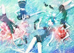  4others androgynous bad_link bare_legs black_necktie black_shorts cinnabar_(houseki_no_kuni) crystal_hair gem_uniform_(houseki_no_kuni) goshenite_(houseki_no_kuni) grass green_hair highres houseki_no_kuni loafers long_hair lying mercury_(element) morganite_(houseki_no_kuni) multiple_others necktie official_art on_back phosphophyllite pink_hair red_hair shirt shoes short_hair shorts uniform white_shirt 