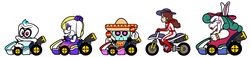  1boy 3girls bad_id bad_twitter_id blonde_hair cappy_(mario) commentary dress fat furry ghost gloves go-kart green_hair hariet_(mario) hat highres instrument jpsupper lipstick looking_at_viewer madame_broode makeup maracas mario_(series) mario_kart mario_kart_8 multiple_girls official_style pauline_(mario) poncho rabbit race_vehicle racing_suit red_gloves scarf simple_background skeleton sombrero standard_kart_(mario) super_mario_odyssey top_hat tostarenan white_background white_gloves wide_image 