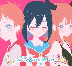  black_hair blue_eyes blush bunny closed_eyes demon_horns dual_persona episode_number flip_flappers hair_ornament horns jersey kokomine_cocona long_hair looking_at_viewer multiple_girls orange_hair papika_(flip_flappers) papina_(flip_flappers) papiya_(flip_flappers) pink_background pixie_cut robot sandwiched school_uniform serafuku short_hair simple_background smile soccer_uniform sportswear tanu tomboy tt-392 uexkull upper_body 