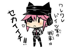  animal_hat bc blush busou_shinki chibi commentary_request female hands_on_own_hips hat headphones highres jojo_no_kimyou_na_bouken murmeltier necktie partial_commentary red_necktie simple_background solid_oval_eyes solo standing white_background 