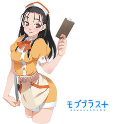  black_hair brown_eyes commentary_request cowboy_shot cropped_legs extra female komari_mayuko long_hair love_plus miniskirt photoshop_(medium) skirt solo star-shaped_pupils star_(symbol) symbol-shaped_pupils takoyaki_neko-san tongue tongue_out waitress 