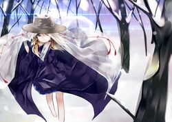  alternate_costume bare_legs bare_tree barefoot blonde_hair commentary_request dress female forest glowing grey_eyes hair_between_eyes hair_ribbon hand_up hat japanese_clothes kimono lens_flare long_hair long_sleeves looking_at_viewer moriya_suwako nature no_legwear parted_lips purple_dress pyonta red_ribbon ribbon see-through snow solo touhou tree very_long_sleeves wide_sleeves zhu_xiang 