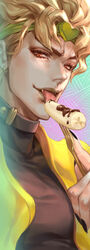  1boy banana black_nails blonde_hair chocolate collar commentary dio_brando esha fangs fingernails food fork fruit headband heart highres jojo_no_kimyou_na_bouken licking long_fingernails male_focus nail_polish photoshop_(medium) red_eyes solo stardust_crusaders symbol-only_commentary turtleneck upper_body 