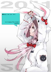  2011 animal_ears commentary_request english_text engrish_text female highres hood hooded_jacket jacket light_purple_hair mille_(dieci) new_year original photoshop_(medium) rabbit_ears ranguage red_eyes solo 