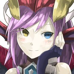  blue_eyes blush commentary_request dragon_girl dragon_horns dragon_wings female fingerless_gloves gloves hand_on_own_face heterochromia horns long_hair mosamune purple_hair puzzle_&amp;_dragons simple_background smile solo sonia_(p&amp;d) upper_body white_background wings yellow_eyes 