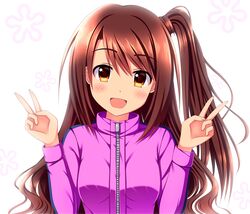  blush brown_hair commentary_request double_v eyebrows female highres idolmaster idolmaster_cinderella_girls jacket long_hair long_sleeves looking_at_viewer nanakiri_(izakaya_nanana) one_side_up open_mouth scrunchie shimamura_uzuki simple_background solo track_jacket track_suit upper_body v yellow_eyes 