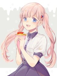  :d alternate_eye_color bad_id bad_pixiv_id blue_eyes blunt_bangs character_name commentary_request crepe female food food_on_face fruit hair_ornament hairclip holding holding_food koi_to_uso long_hair open_mouth pink_hair puffy_short_sleeves puffy_sleeves purimo_(xxxmofmof) sanada_ririna short_sleeves simple_background smile solo strawberry twintails very_long_hair 