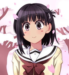  1boy aikawa_kizuna black_eyes black_hair blush_stickers cherry_blossoms closed_mouth collarbone commentary_request hair_ornament hairclip highres kukie-nyan looking_at_viewer male_focus otoko_no_ko petals prunus_girl school_uniform short_hair smile solo 