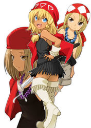  3girls :d alumi_niumbirch bandana bare_shoulders bead_necklace beads black_dress black_tank_top blonde_hair blue_eyes boots braided_sidelock breasts brown_eyes butsu_zone closed_mouth collarbone commentary_request cross-laced_clothes cross-laced_dress dark-skinned_female dark_skin dress expressionless feather_trim full_body grey_shorts hair_between_eyes hair_tubes half-closed_eyes hand_on_own_hip high_heel_boots high_heels holding holding_staff jewelry kyouyama_anna light_brown_hair long_hair looking_at_viewer looking_back looking_to_the_side low_ponytail multiple_girls multiple_persona native_american necklace omuraisu_echizen open_mouth ponytail red_bandana shaman_king short_dress short_hair short_shorts shorts sidelocks simple_background small_breasts smile staff standing tank_top thigh_boots v-shaped_eyebrows white_background white_footwear white_wrist_cuffs wrist_cuffs 