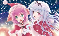  2girls :d :o animal_ears candy candy_cane christmas cuteg dog_ears dog_tail food hair_ribbon hat highres holding holding_candy holding_candy_cane holding_food lily_(wanko) multiple_girls oerba_yun_fang open_mouth ribbon santa_costume santa_hat smile tail wanko wanko_to_lily 