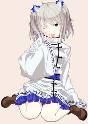  96tuki animal_ears blue_eyes cat_ears commentary_request female full_body hair_ornament long_sleeves looking_at_viewer one_eye_closed open_mouth original shoes silver_hair simple_background sitting sleepy sleeves_past_wrists solo wide_sleeves 