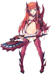  alisia_heart aquaplus armor armored_boots axe bikini_armor blue_eyes boots bow bow_panties dungeon_travelers_2 female fingerless_gloves flat_chest full_body gloves highres holding holding_axe kawata_hisashi long_hair looking_at_viewer navel official_art open_mouth panties red_hair solo transparent_background underwear white_panties 