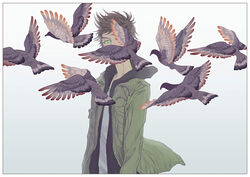  1boy animal arms_at_sides bad_id bad_pixiv_id bird border breast_pocket brown_hair commentary_request covered_mouth floating_hair flock giant_killing glowing glowing_eyes gradient_background green_eyes green_jacket hood hood_down hooded_jacket jacket looking_at_viewer male_focus no_pupils one_eye_covered open_clothes open_jacket pocket short_hair suicidaaa tatsumi_takeshi white_border wind 