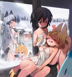  5girls ^_^ ^o^ absurdres accidental_exposure animal_ears ass bare_arms bare_legs bare_shoulders black_hair blank_eyes blonde_hair blush body_blush breasts brown_eyes capybara_(kemono_friends) chibi cleavage closed_eyes closed_mouth cloud cloudy_sky commentary covering_privates creature day expressionless ezo_red_fox_(kemono_friends) fir_tree fox_ears fox_tail gradient_hair grey_hair hair_between_eyes half-closed_eyes hand_fan hand_on_own_chest handheld_game_console heat_stroke highres holding hot japari_symbol jitome kaban_(kemono_friends) kemono_friends knees_up lifted_by_tail long_hair lucky_beast_(kemono_friends) lying medium_breasts multicolored_hair multiple_girls naked_towel nintendo_switch nude nude_cover on_back onsen outdoors paper_fan partially_submerged photoshop_(medium) playing_games print_towel red_eyes rock same-sex_bathing sankyaku_tako serval_(kemono_friends) shared_bathing silver_fox_(kemono_friends) sky smile snow steam streaked_hair tail thighs towel towel_on_head tree uchiwa very_long_hair wading water water_drop wet winter 