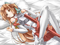  asuna_(sao) brown_eyes brown_hair commentary_request female long_hair long_legs lying on_back panties pantyshot photoshop_(medium) setomi_sora sword sword_art_online thighhighs underwear weapon 