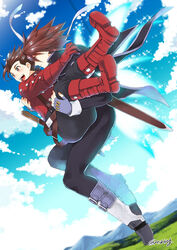  2boys :d belt black_pants blue_gloves boots brown_eyes brown_hair carrying cloud commentary_request day fingerless_gloves gloves knee_boots kratos_aurion lloyd_irving male_focus multiple_boys open_mouth pants photoshop_(medium) princess_carry red_footwear red_gloves red_shirt shirt sky smile spiked_hair suspenders tales_of_(series) tales_of_symphonia teeth tktg wings 