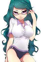  aotuki breasts buruma commentary_request female glasses green_hair gym_uniform hands highres inazuma_eleven inazuma_eleven_(series) large_breasts lips long_hair nitou_honoka purple_eyes solo 