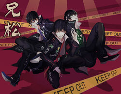  3boys alternate_eye_color bad_id bad_pixiv_id beads belt black_footwear black_hair black_pants blue_eyes blue_footwear brothers canto caution_tape cigarette clothes_writing full_body gakuran glasses green-framed_eyewear green_eyes grin hair_over_one_eye headband heart holding jacket jewelry keep_out long_sleeves looking_at_viewer male_focus matsuno_choromatsu matsuno_karamatsu matsuno_osomatsu mouth_hold multiple_boys opaque_glasses osomatsu-kun osomatsu-san osomatsu_(series) pants photoshop_(medium) pointing pointing_at_self red_eyes school_uniform shadow shirt shoes siblings sitting smile smirk smoke smoking sparkle squatting sunburst sunburst_background sunglasses t-shirt 