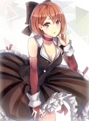  breasts brown_eyes brown_hair choker cleavage collarbone commentary cosplay dress eyebrows female frilled_dress frills gloves looking_at_viewer magical_mirai_(vocaloid) magical_mirai_meiko magical_mirai_meiko_(2016) medium_breasts meiko_(vocaloid) open_mouth partially_fingerless_gloves short_hair solo vocaloid yen-mi 