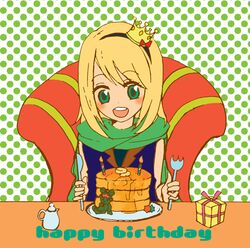  aqua_eyes blonde_hair gift hairband lau_fei_zhui long_hair lowres open_mouth pancake present sacred_seven 