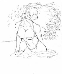  2011 beach big_breasts bikini black_and_white breasts clothing ernor female flower hair hi_res lei-lani long_hair mammal monochrome mustelid otter plant sea seaside simple_background swimwear water wet_hair 