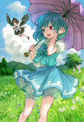  2girls :d ama-tou black_eyes black_hair black_wings bloomers blue_eyes commentary_request feathered_wings flying foxfactory geta hat heterochromia highres holding karakasa_obake multiple_girls open_mouth outdoors shameimaru_aya short_hair smile tatara_kogasa tokin_hat touhou umbrella underwear wings 