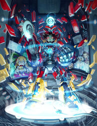  2boys 2girls anger_vein blonde_hair blue_eyes commentary dr._light_(mega_man) elsevilla english_commentary highres long_hair mega_man_(classic) mega_man_(series) mega_man_2 mega_man_legends_(series) met_(mega_man) metal_man multiple_boys multiple_girls photoshop_(medium) roll_(mega_man) servbot_(mega_man) time_paradox tron_bonne_(mega_man) 