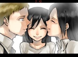  1boy 2girls affectionate aged_down bad_id bad_pixiv_id black_hair blonde_hair blue_eyes double_cheek_kiss family kissing kissing_cheek long_hair mikasa_ackerman moisama multiple_girls sandwiched shingeki_no_kyojin smile 