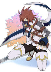  1boy alternate_costume black_gloves black_pants boots buckle commentary_request fingerless_gloves gloves kratos_aurion looking_away male_focus mask pants photoshop_(medium) red_eyes solo spiked_hair squatting sword tales_of_(series) tales_of_symphonia tassel thigh_boots thighhighs tktg twitter_username weapon white_background white_footwear 