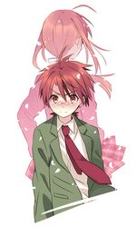  1boy ahoge blush commentary_request female glasses hasegawa_chisame long_hair low_ponytail mahora_academy_middle_school_uniform mahou_sensei_negima! necktie negi_springfield orange_hair red_eyes red_hair school_uniform skirt spoilers straight uq_holder! yuuma_(omaeno_meinichi) 